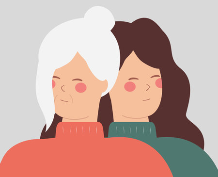 Senior mom and her adult daughter. Mother and grandmother feeling love for each other. Young woman caring for the elderly. Love as family, mothers and grandparents day.のイラスト素材