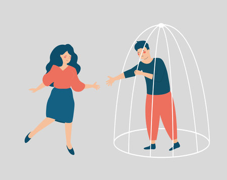 Woman help her friend inside a cage to get rid of depression, stress, and drug addiction. Counselor or mentor extend a helping hand to get over psychological problems,Mental healthのイラスト素材