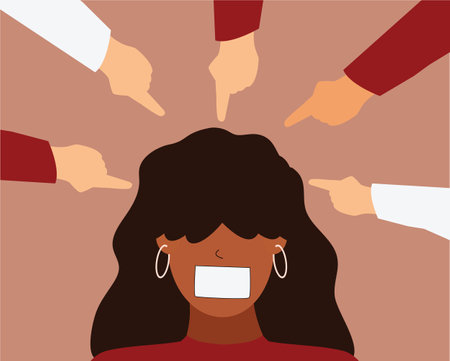 People surround an African American woman and point fingers on her. Black girl with closed mouth gets bullied by classmates. Stop bullying, discrimination, accusation, abuse.のイラスト素材