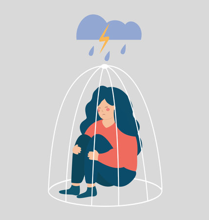 Sad woman or girl needs help inside a closed cage. Influence of drug addiction on psychology and mental health. Concept of restrictions on the ability of women in society. Vectorのイラスト素材