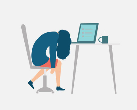Exhausted woman feeling tired and sick at the office. Female manager sitting with head down on laptop due to stress, burnout and pressure. Professional burnout syndrome concept.のイラスト素材