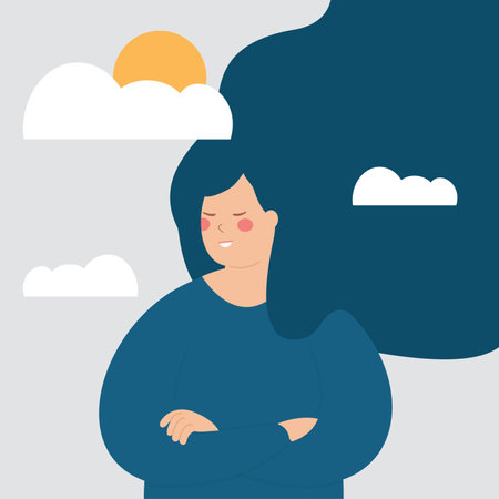Woman with positive thoughts and happy sunny mood illustration. Happy peaceful Teenage girl smiling. Mental health wellbeing and good vibes. Concept of emotions, optimistic.のイラスト素材