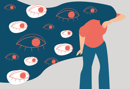 Sad woman followed by big evil spying eyes, feels helpless and overwhelmed. Illustration of a Teenage girl suffers from verbal abuse, bullying in society. Concept of mental health.のイラスト素材