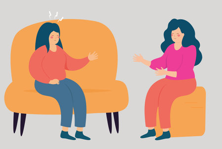 Woman patient talking to a psychologist or psychotherapist and sitting on the couch. Therapy of a female suffers from depression, stress. Psychotherapy session.のイラスト素材