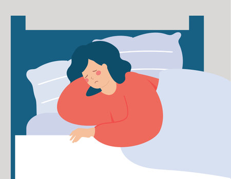 Woman has difficulty to sleep at night. Girl lying on bed can't sleep due to the headache. Person suffers from insomnia, nightmares and negative tangled thoughts. Mental health.のイラスト素材