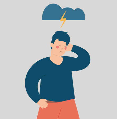 Sad man with negative tangled thoughts. Stressed adolescent person with mental illness symptoms and depression. Depressed adolescent has stress. Boy having anxiety and dementia.のイラスト素材