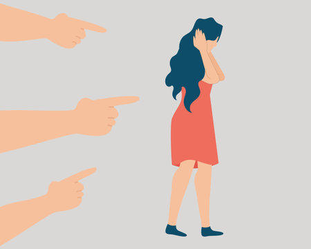 People point their fingers at a woman and surround her. Teenage girl covers her ears because of insults. Stop violence, bullying and abuse against children and women.のイラスト素材