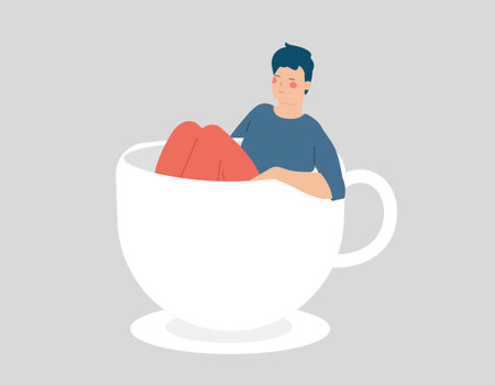 Business man sitting inside a large coffee cup and relaxing. Happy male resting in a hot chocolat, cappuccino or espresso mug to get energy for work. Addicted to caffeine.のイラスト素材