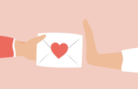 Woman refusing a letter or envelope with heart containing a love confession and affection from a man. Concept of unsolicited love declaration, relationships breakup, friend zone.のイラスト素材