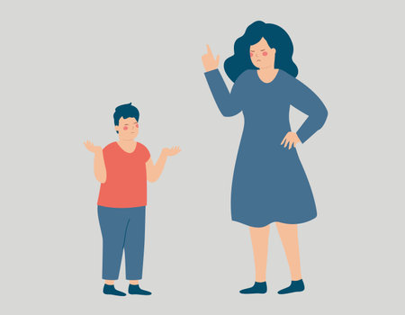 Angry parent having conflict with her boy. Furious mother screaming and yelling at her son. Mom punishing her child due to a bad behavior. Positive parenting and discipline conceptのイラスト素材
