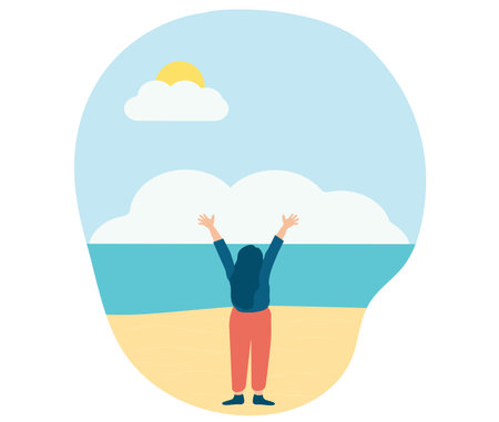 Happy woman with raised hands in front of the beach. A joyful girl doing stretching exercise with open arms. Concept of body positive, landscape and mental health wellbeing.のイラスト素材