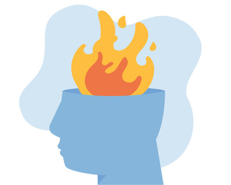 Human mood scale. Head on fire carrying accumulate stress and emotional overload about to get hysteria or burnout. Illustration of daily pressure. Mental health disorder or illnessのイラスト素材