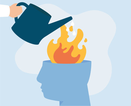 Head on fire carrying accumulate stress gets help from a psychotherapist. Psychologist Extinguishes the fire of depression, burnout or hysteria of his patient. Mental health.のイラスト素材