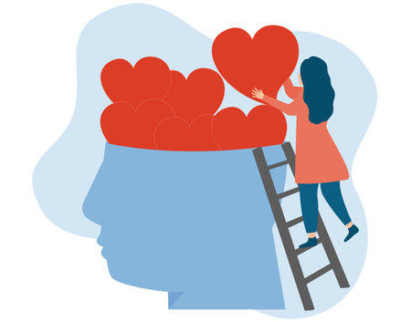 Mental health and love concept. A girl or woman fills a human head with hearts and positive emotions. illustration of World mental health day, psychological therapy and treatment.のイラスト素材