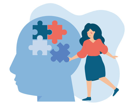Psychotherapist connecting jigsaw pieces of a head together. illustration of support and help to people with mental health disorders. Concept of brainstorming, creativity.のイラスト素材