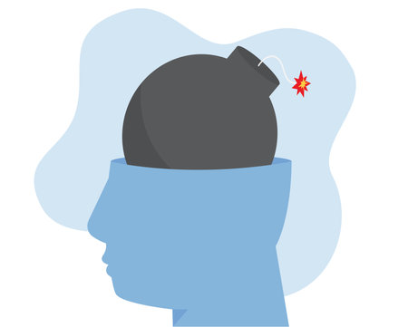 Head carrying accumulate stress and emotional overload about to get hysteria or burnout. Human mood scale. Illustration of burning fuse of daily pressure. Mental health disorder.のイラスト素材
