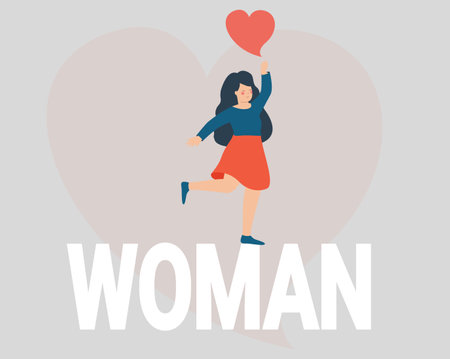 Happy girl holds a big heart and dance with joy. Young woman stands on a large text and celebrates international women's day on 8 march. Female supports feminist movement.のイラスト素材