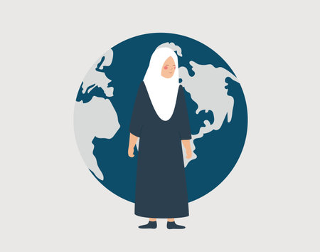 Arabic woman with hijab in front of the world. Muslim girl from middle east wears a scarf, stands next to the globe. Arabian Women's day, mother's day, earth day, women empowermentのイラスト素材