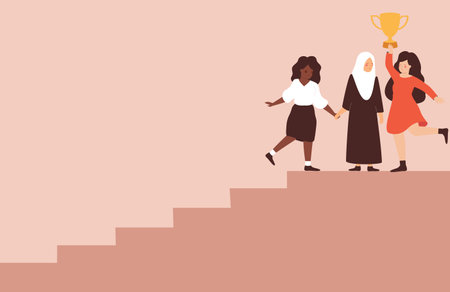 Multiracial women support each other and climb the stairs. Three mothers from different ethnicities, religions stands together at the top and hold a trophy. Women's empowermentのイラスト素材