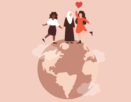 Happy women support each other with love. Three mothers from different ethnicities, religions stands together on top of the earth or planet . Concept of feminism, mother's day.のイラスト素材