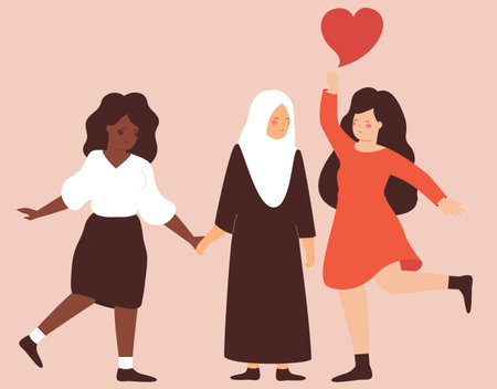 Happy women support each other with love. Three mothers from different ethnicities, religions and cultures stand side by side together. Concept of feminist movement, mother's day.のイラスト素材