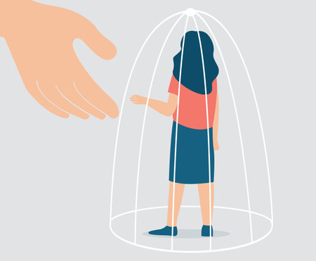 Counselor supports a woman and helps her to escape from a cage to get rid of depression, stress, and drug addiction. Psychological therapy, rehabilitation and mental health issues.のイラスト素材