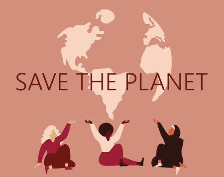 Group of women of different ethnicity protect earth. Strong females hold the planet and support sustainable lifestyle and freedom. Save Save the planet, ecology awareness and earthのイラスト素材