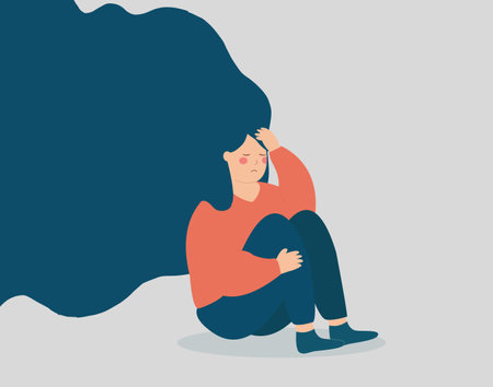 Exhausted woman can not get rid of depression, stress, burnout or negative thoughts. Lonely girl sitting and hugging her knees. Mental health illness and psychological problems.のイラスト素材