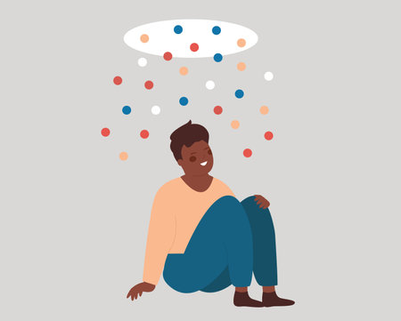 Creative man looks at the source of creation, innovation and inspiration. Person sits under a falling stream of confetti, opens up new ideas and dreams.のイラスト素材