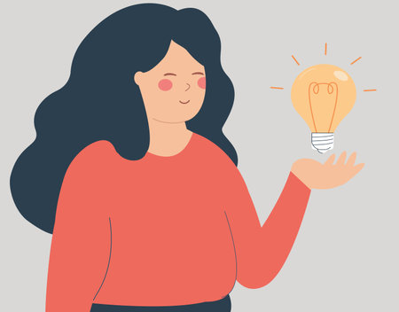 Young woman points on light bulb with her palm. Female holding a big electric lamp. Happy entrepreneur has creative business idea. Concept of innovation, solution and creativity.のイラスト素材