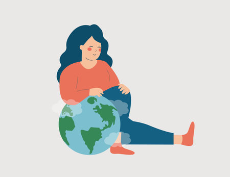 White Woman holds the green earth globe and protects it. Activist Strong Caucasian female cares about the planet and the climate change. Concept of Earth day, ecology movement.のイラスト素材