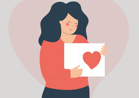 Happy woman holds donation box with a big heart symbol. Young Female Volunteer provides Humanitarian assistance and support for Charity to help people in bad circumstances.のイラスト素材