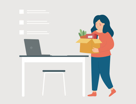 Happy employee holds a big box with her stuff. Woman feels happy because of her new job position. Female worker promoted at work and goes to her new office. Business career.のイラスト素材