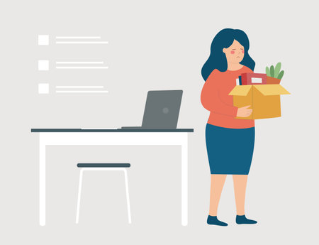 Dismissed employee holds a box with her stuff and leaves her desk. Sad business woman going out from office with her personal things. Resignation and Reduction of staff concept.のイラスト素材