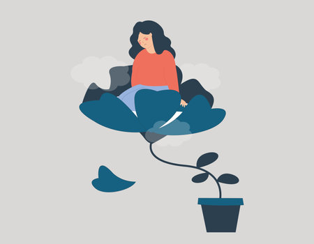 Sad woman sitting on the fading flower and suffers from emotional depression and stress. Teenage Girl lost of interest and feeling of pleasure in her life. Mental health disorders.のイラスト素材