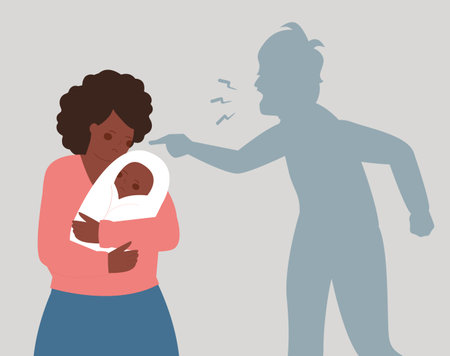 African American mother protects her child from a man's shadow that threats and yell at them. couple argue and fight. Concept of family abuse, domestic violence. Stop bullying.のイラスト素材