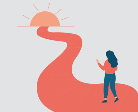 Strong woman makes the first step to her life goals. Female goes forward to freedom and independence. Woman trying to achieve her dreams, objectives. Personal growth concept.のイラスト素材