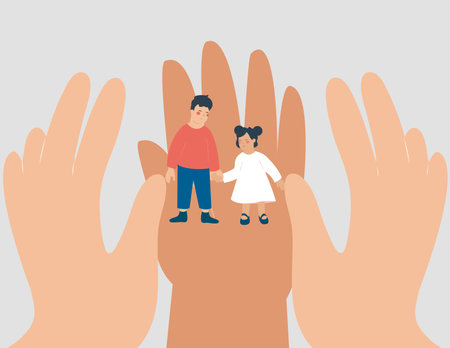Father and daughter on the top of the hand. Vector illustration.のイラスト素材