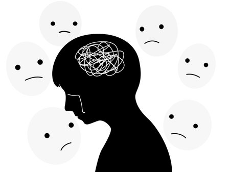 Silhouette of a boy get stress and sad emotion with stigma. Kids mental health concept. flat vector illustration.のイラスト素材