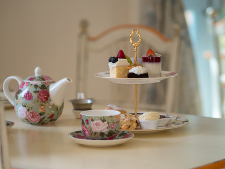 british afternoon tea scones with home made jam and icecreamの写真素材