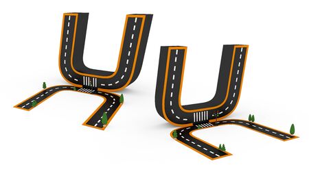 Alphabet symbols of the Figures in the form of a road, white and yellow line markings on white background with clippling paths.3d Rendering illustration.の写真素材