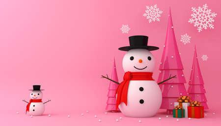 Snowman, christmas tree and gift box 3d rendering.の写真素材
