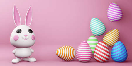 Happy easter day, cute bunny with colorful egg, easter backgroung, 3d rendering.の写真素材