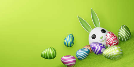 Happy easter day, cute bunny with colorful egg, easter backgroung, 3d rendering.の写真素材