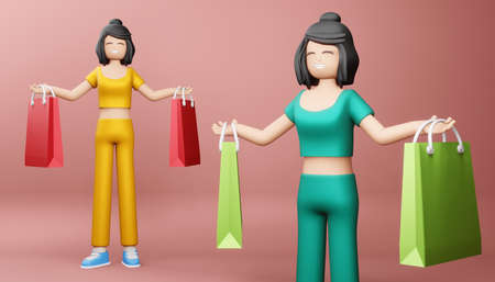 Happy girl with shopping bag, 3d rendering.の写真素材