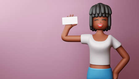 Happy girl with phone screen is blank, Online Shopping, 3d rendering.の写真素材