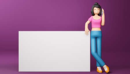 Happy girl with phone and blank screen, Online Shopping, 3d rendering.の写真素材