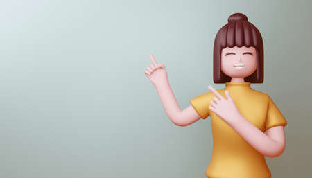 Happy girl pointing fingers, 3d rendering.の写真素材