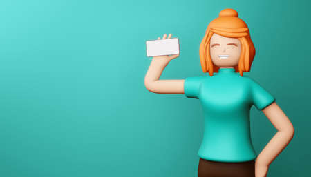 Happy girl with phone screen is blank, Online Shopping, 3d rendering.の写真素材