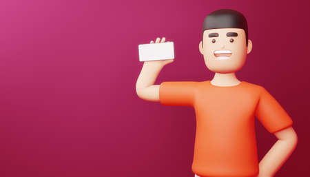 Happy man with phone screen is blank, Online Shopping, 3d rendering.の写真素材